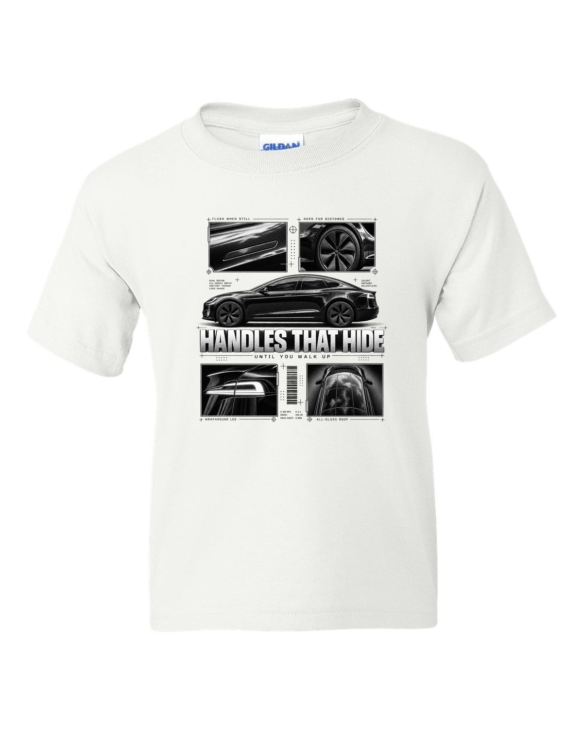 Tesla Model S Raven Side Profile Dossier white kids tee front view with the design