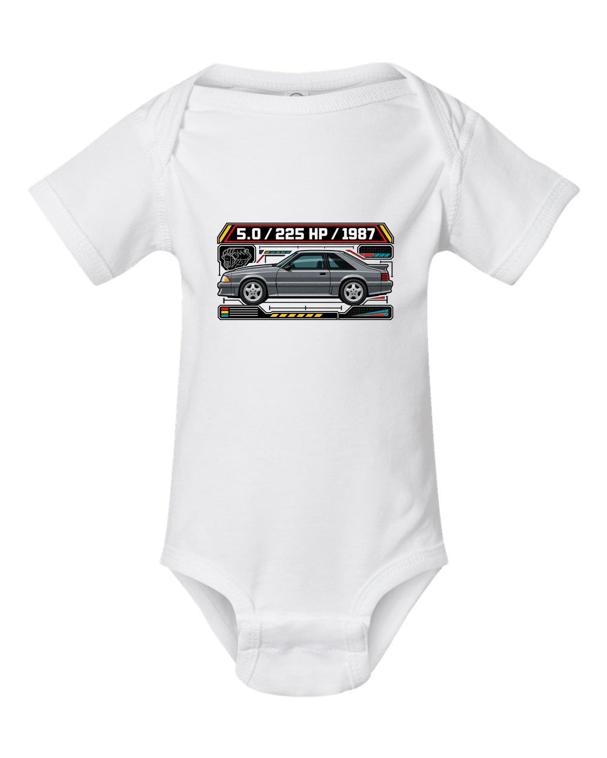 Spec-sheet data plate print of a 1987 Ford Mustang Fox Body GT chback white baby onesie front view with the design