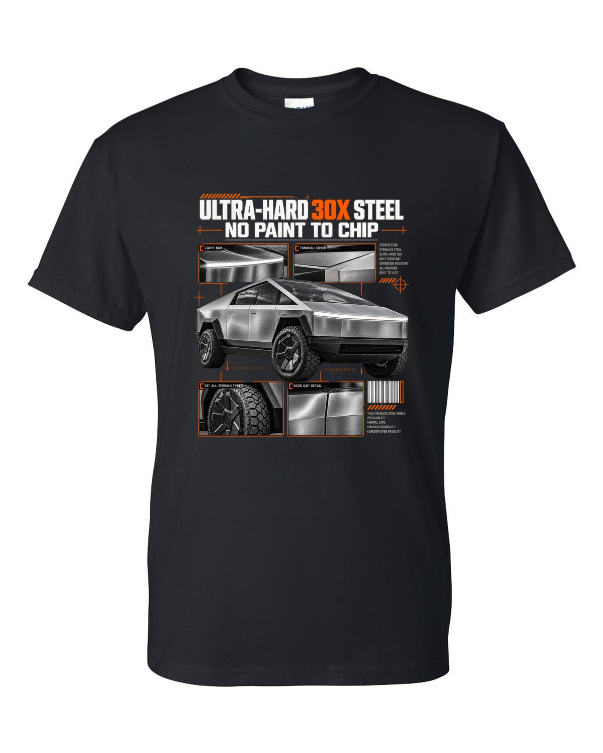 Tesla Cybertruck 2023 dossier panel graphic with ultra-hard 30X steel and no paint to chip black t-shirt front view with the design