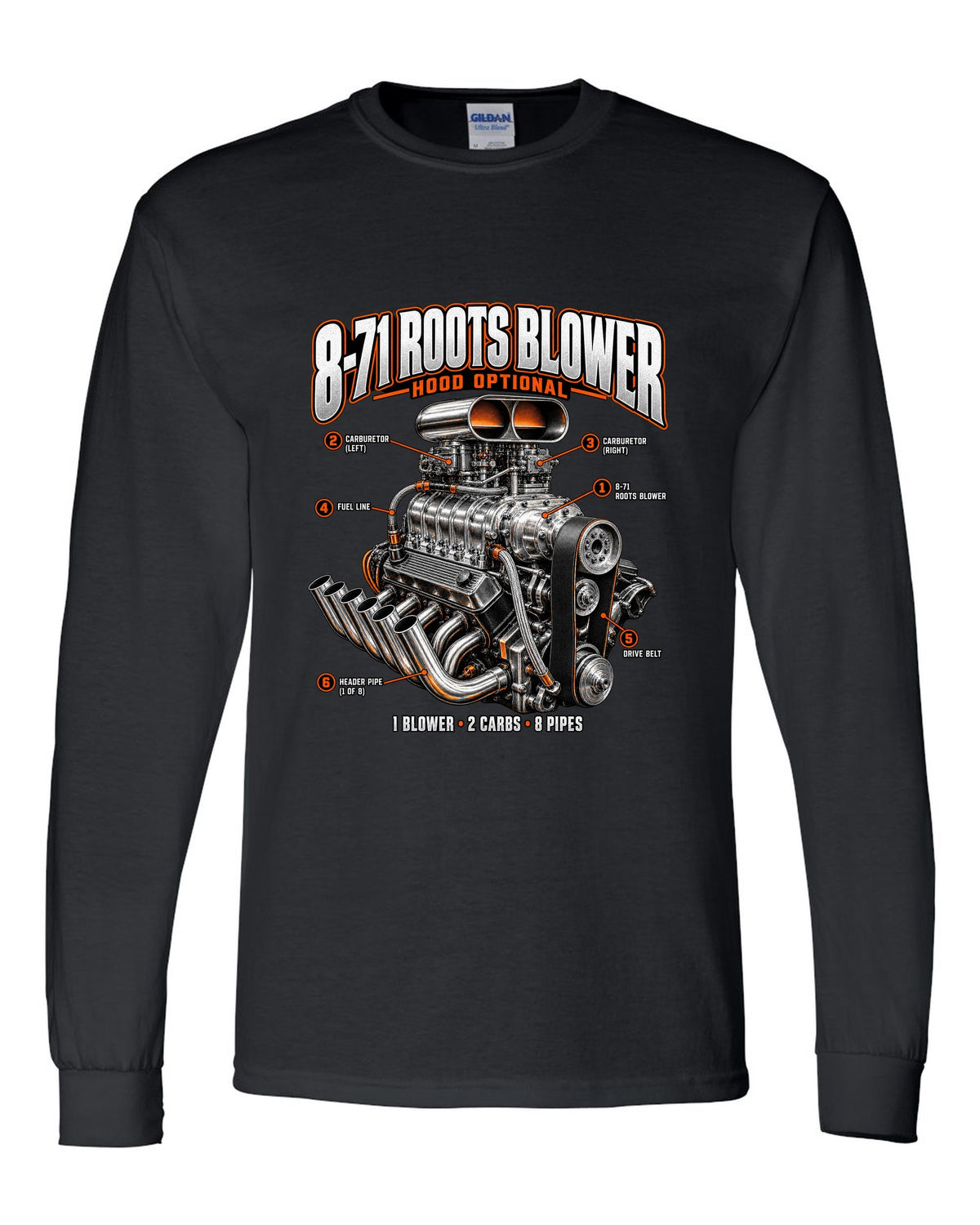 Engine callout print of a blown small-block V8 with 8-71 Roots blower black long sleeve front view with the design