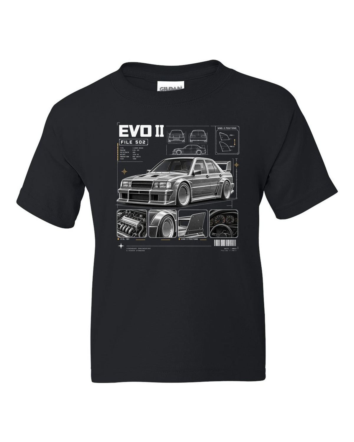 print dossier panels of a Mercedes 190E Evolution II W201 listing file 502, 2.5L 16V and wing positions black kids tee front view with the design