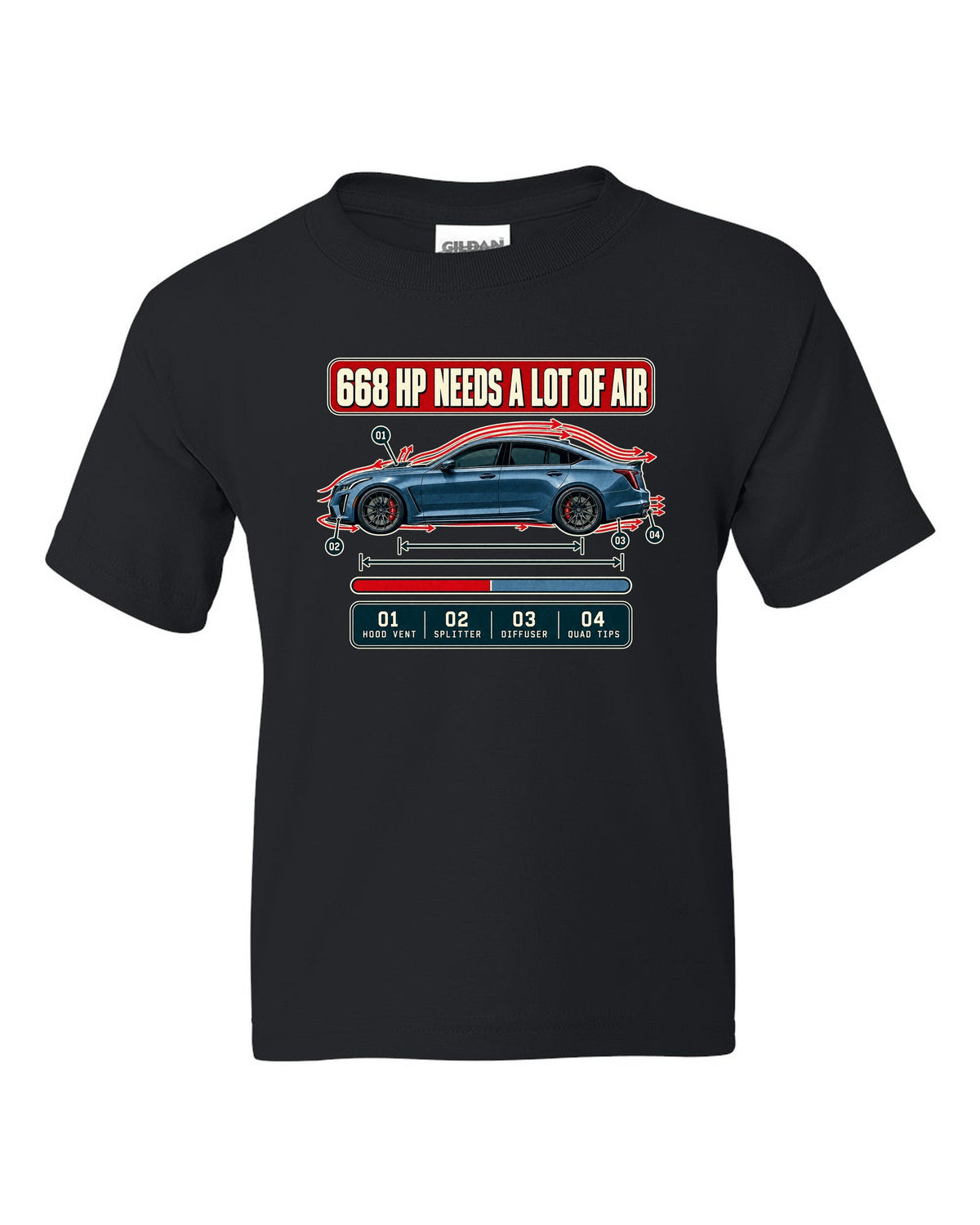 Aero cutaway print of a Cadillac CT5-V Blackwing with numbered callouts black kids tee front view with the design
