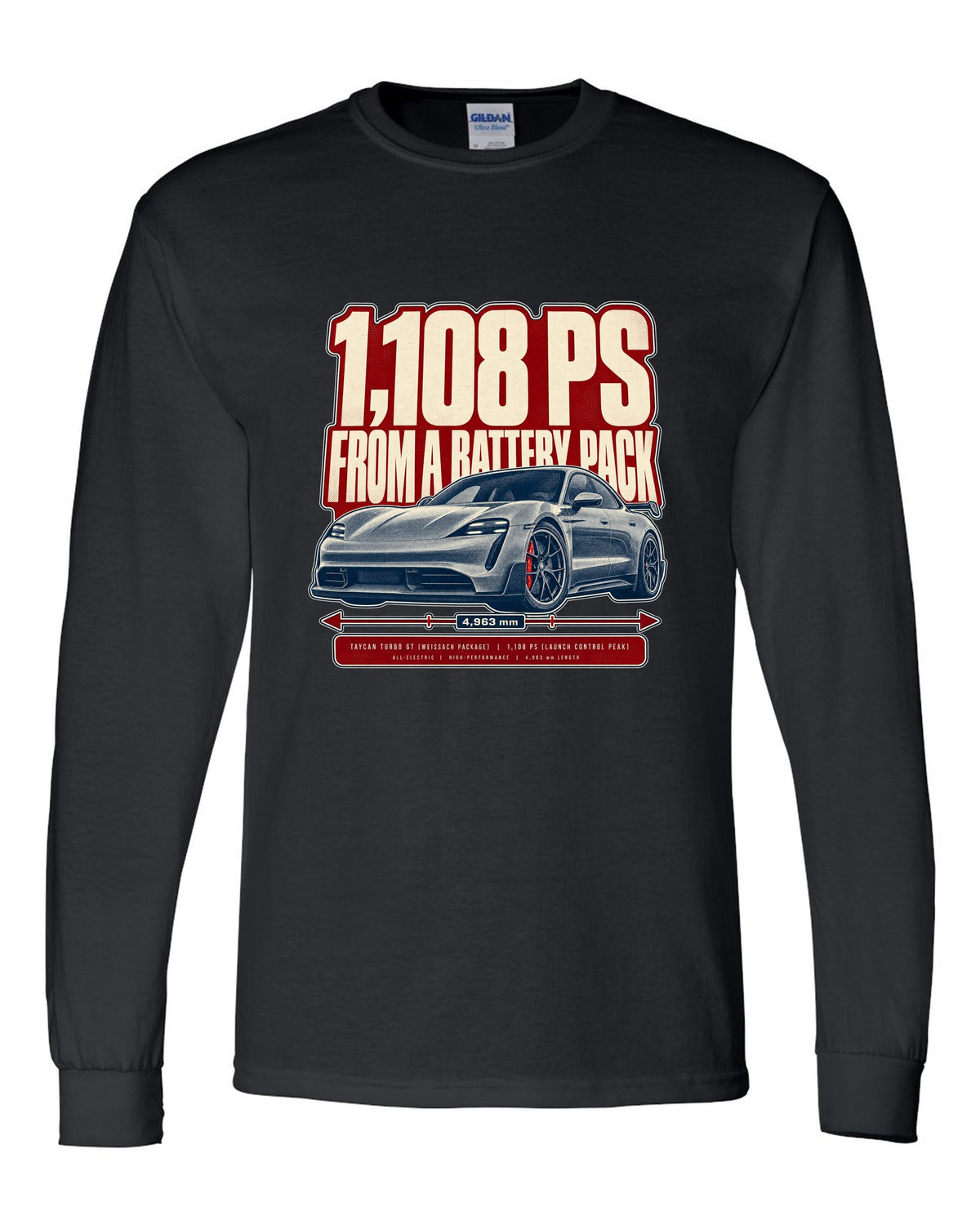 Halftone print of a low front three-quarter Porsche Taycan Turbo GT with 1,108 PS text black long sleeve front view with the design