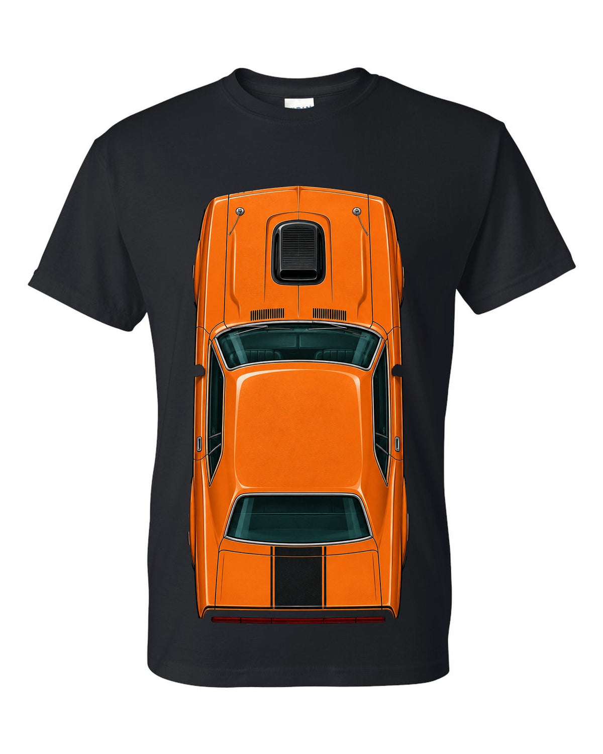 Overhead spec-sheet data plate illustration of a 1970 Dodge Challenger R/T in Go Mango black t-shirt front view with the design