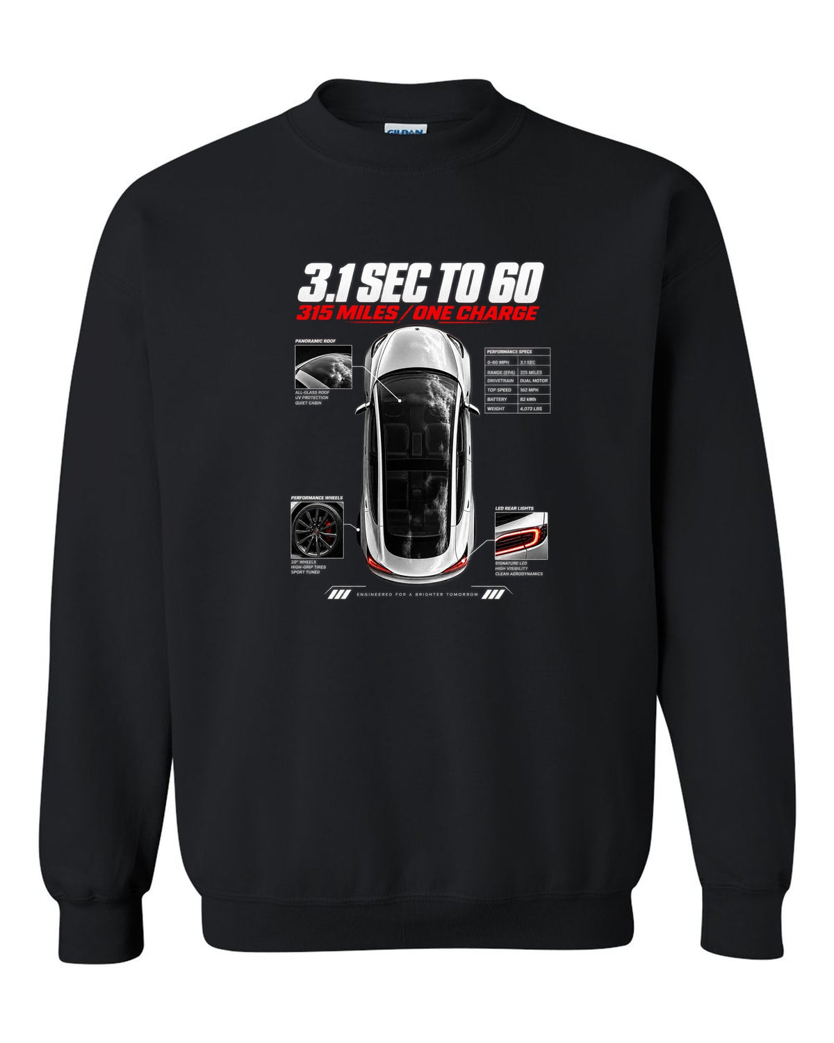 Top-down spec poster print of a Tesla Model 3 Performance with 0-60 and range figures black crewneck front view with the design