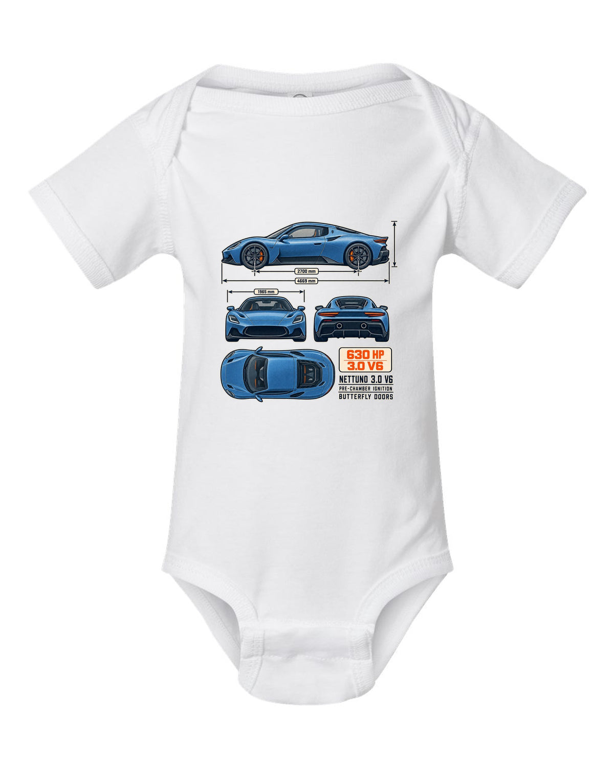 Maserati MC20 dimension blueprint print on a shirt white baby onesie front view with the design