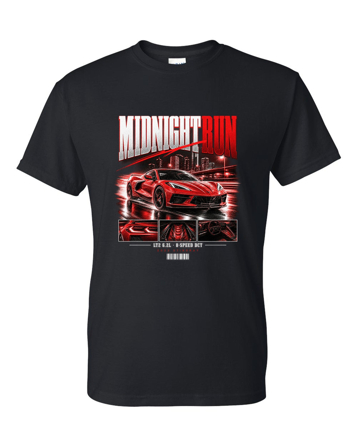 Corvette C8 Stingray 2023 widebody street poster Midnight Run black t-shirt front view with the design