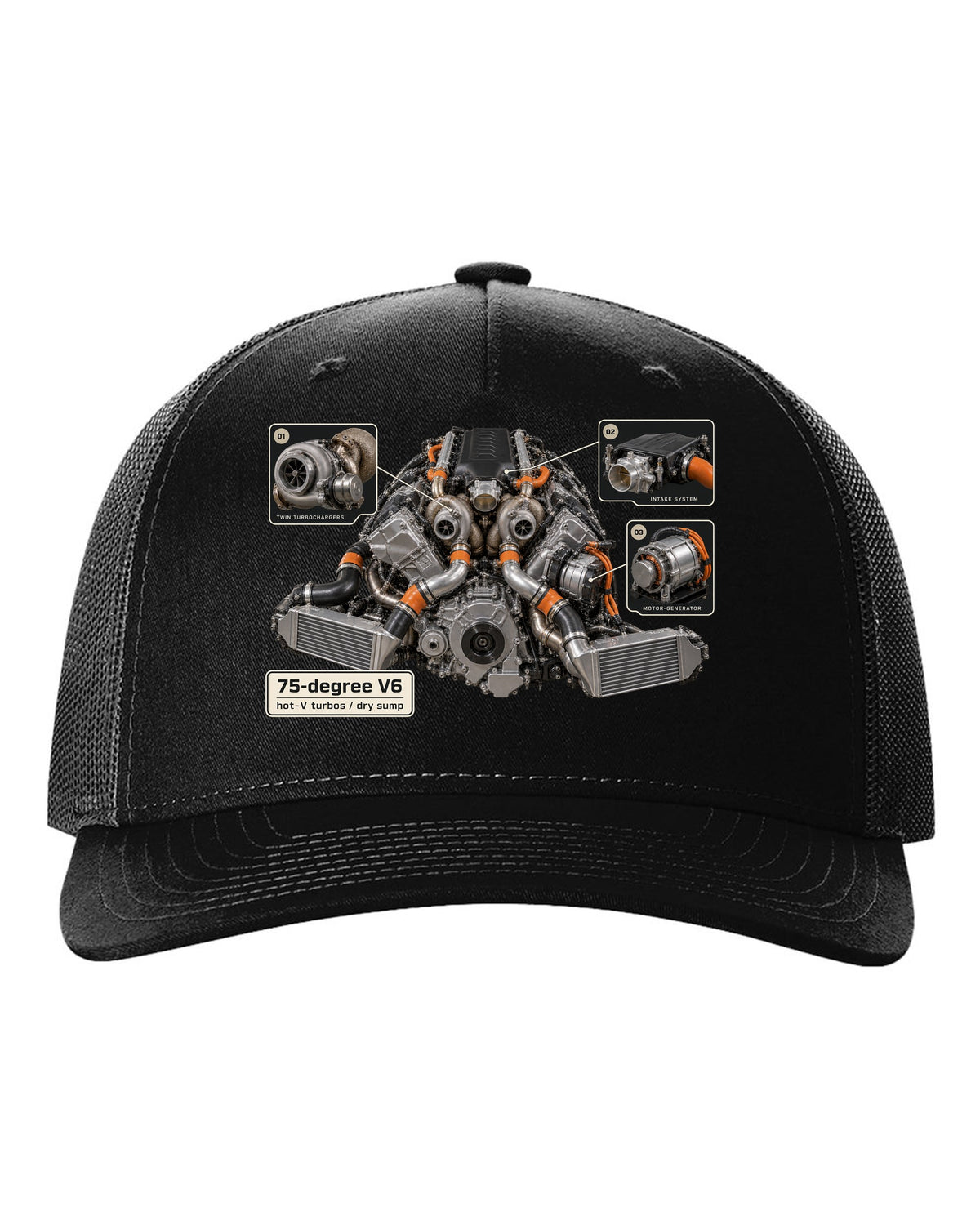Engine bay print of an Acura NSX NC1 3.5L twin-turbo V6 black hat front view with the design