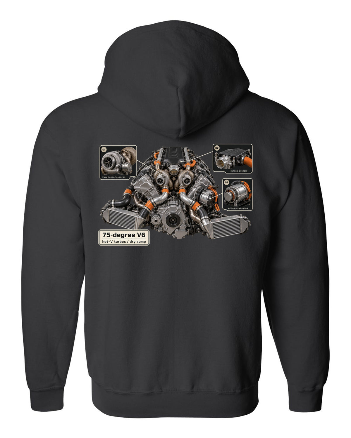 Engine bay print of an Acura NSX NC1 3.5L twin-turbo V6 black zip hoodie back view with the design