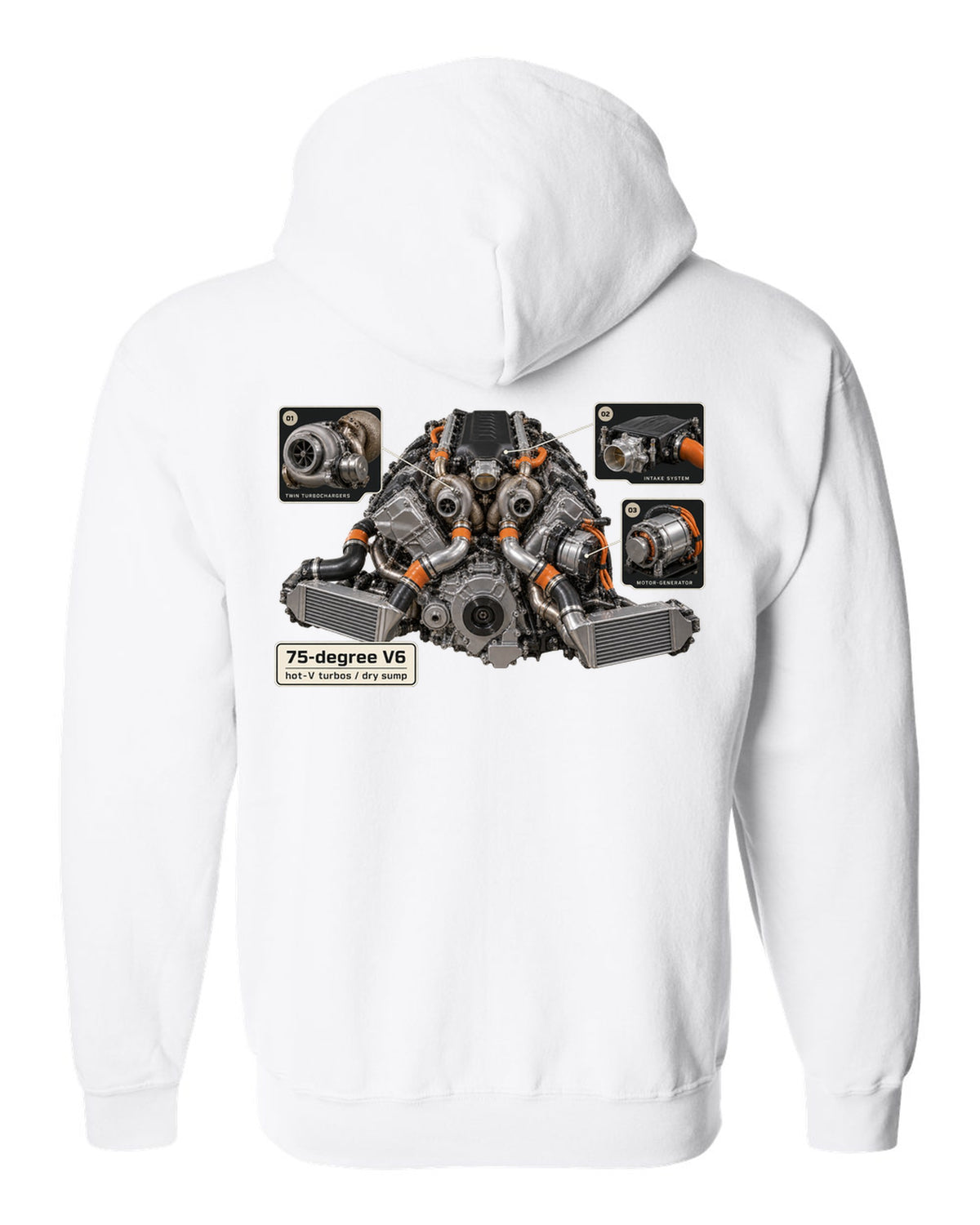 Engine bay print of an Acura NSX NC1 3.5L twin-turbo V6 white zip hoodie back view with the design