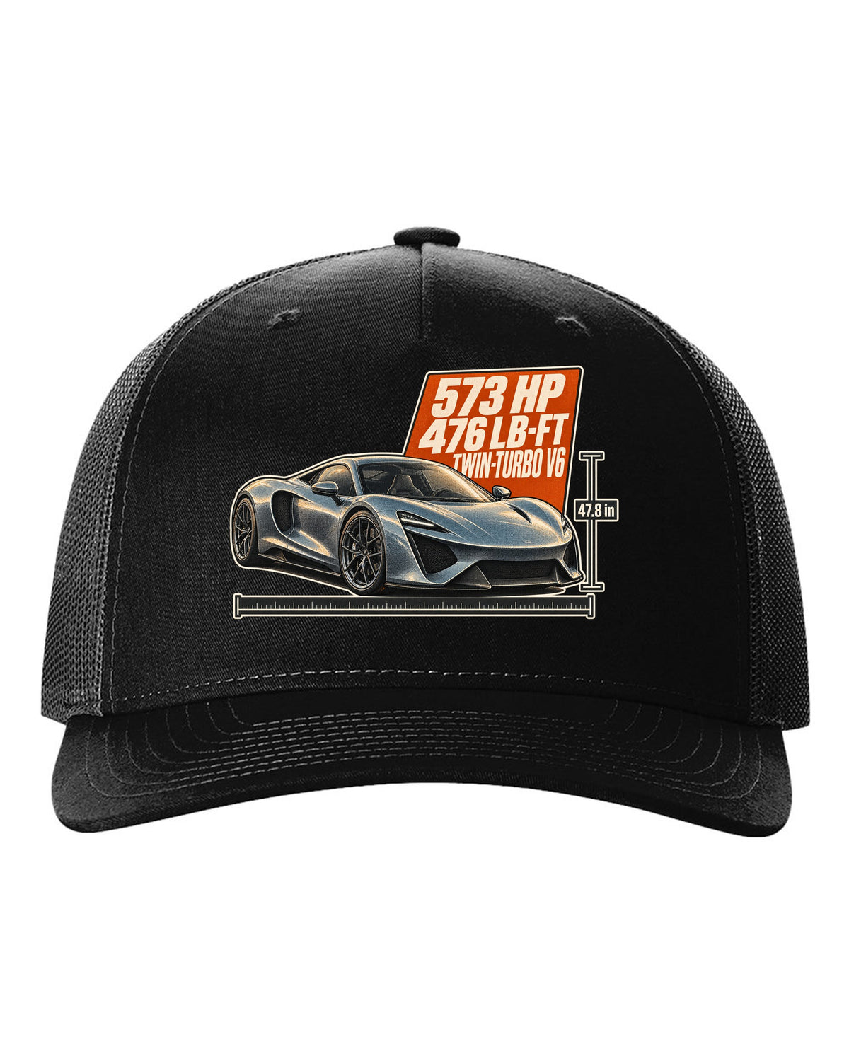 Halftone print of a 2020 Acura NSX NC1 front three-quarter black hat front view with the design