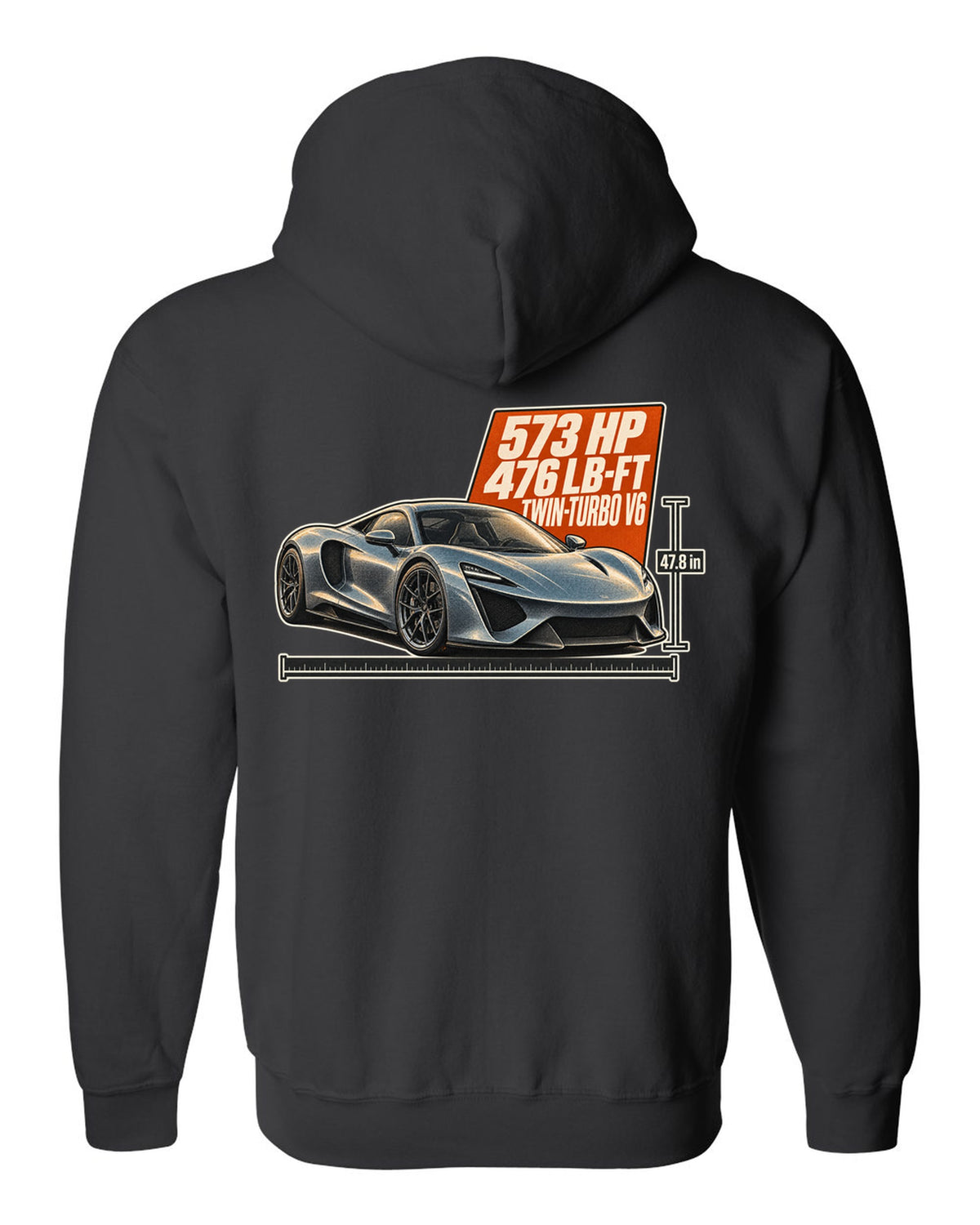 Halftone print of a 2020 Acura NSX NC1 front three-quarter black zip hoodie back view with the design