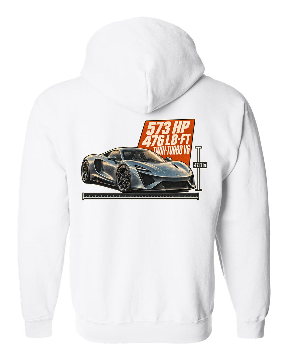 Halftone print of a 2020 Acura NSX NC1 front three-quarter white zip hoodie back view with the design