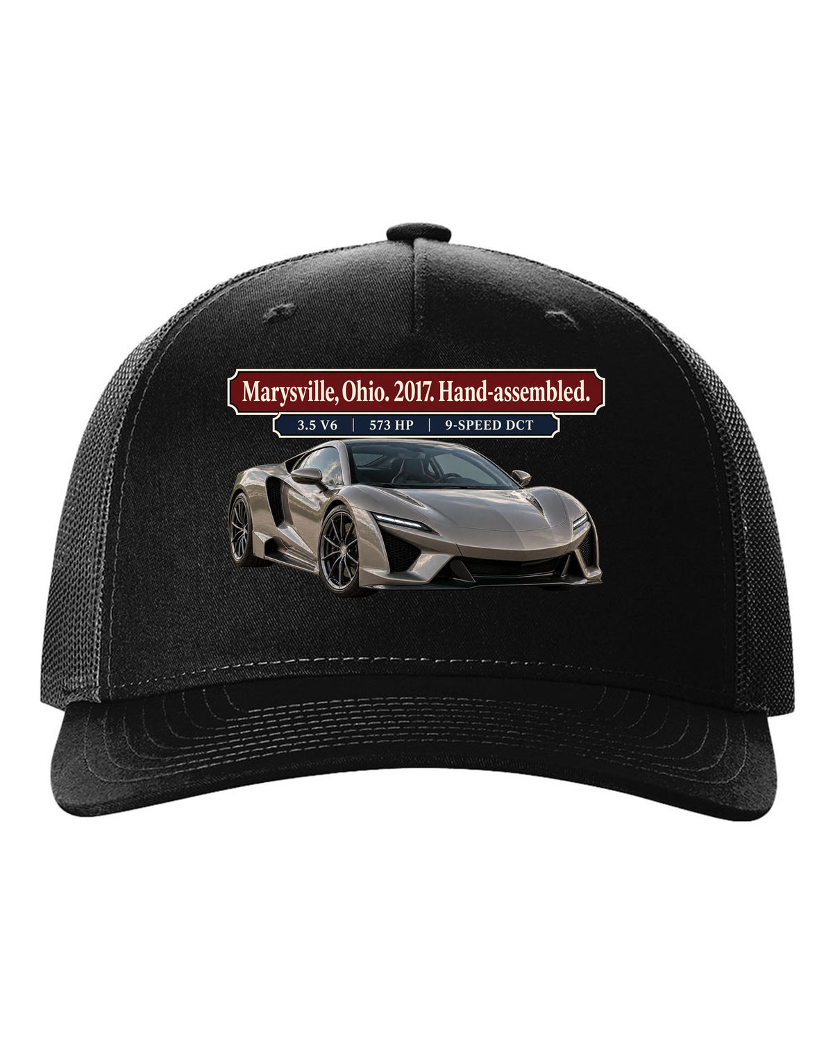 Archive panel print of a 2017 Acura NSX NC1 launch car in warm grey black hat front view with the design