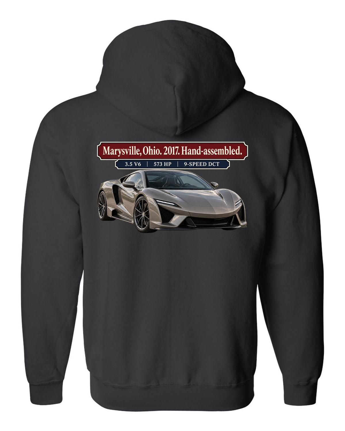 Archive panel print of a 2017 Acura NSX NC1 launch car in warm grey black zip hoodie back view with the design