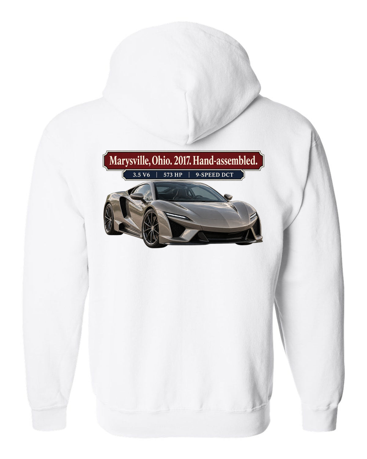 Archive panel print of a 2017 Acura NSX NC1 launch car in warm grey white zip hoodie back view with the design