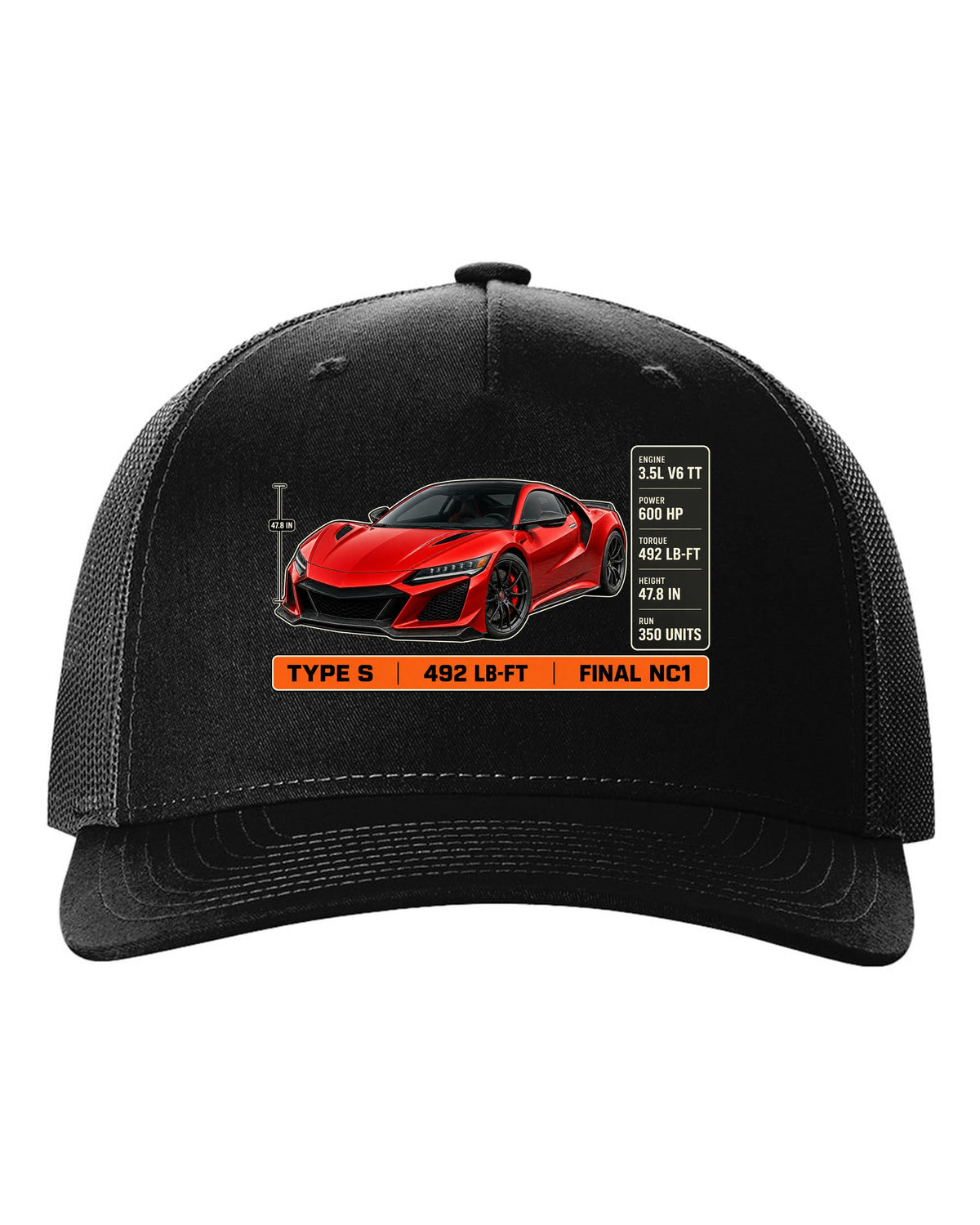 Spec poster print of a Curva Red Acura NSX NC1 Type S three-quarter black hat front view with the design