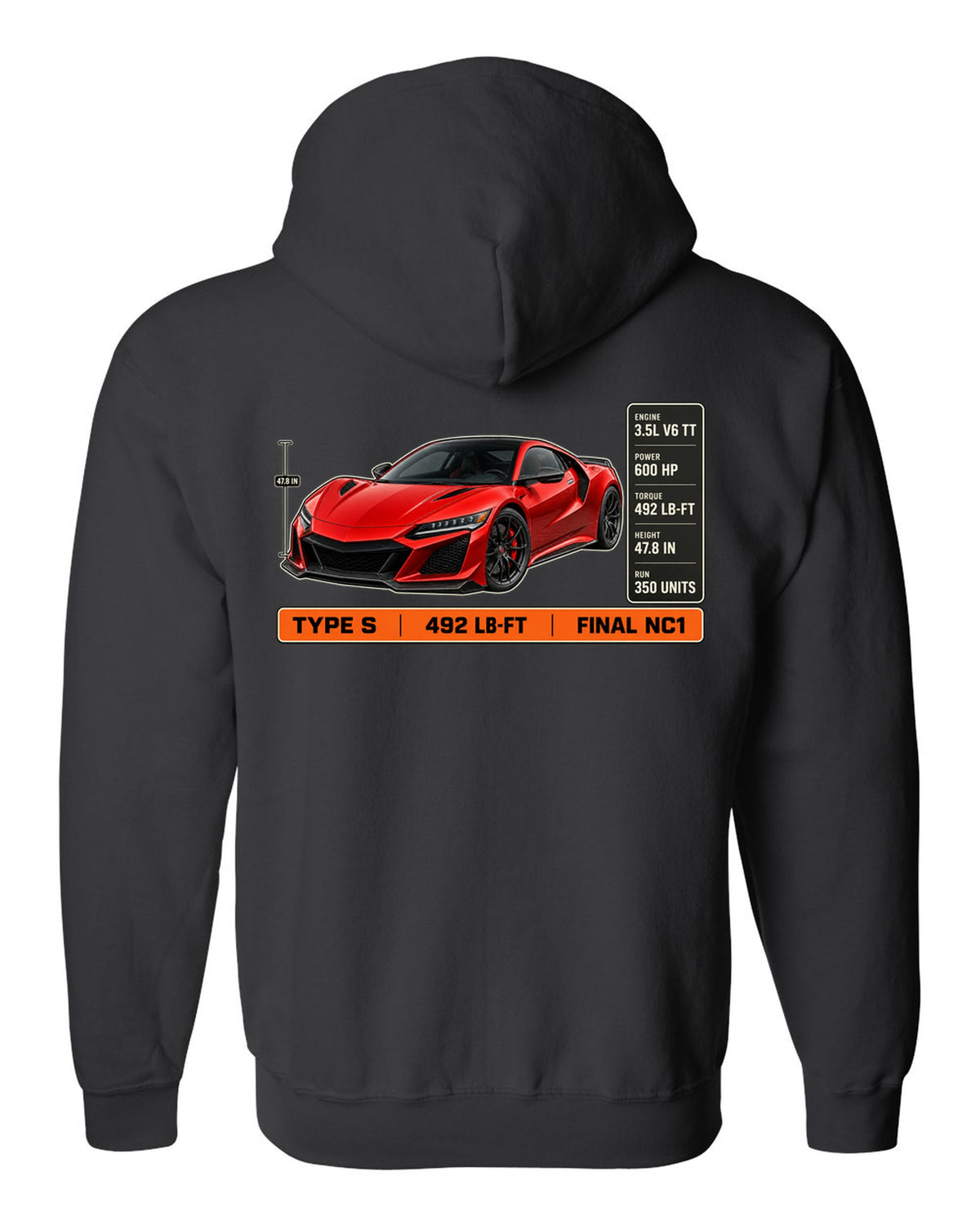 Spec poster print of a Curva Red Acura NSX NC1 Type S three-quarter black zip hoodie back view with the design