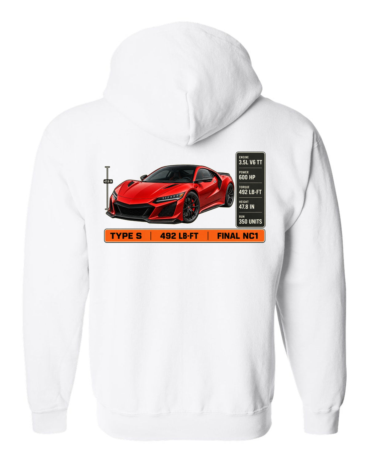 Spec poster print of a Curva Red Acura NSX NC1 Type S three-quarter white zip hoodie back view with the design