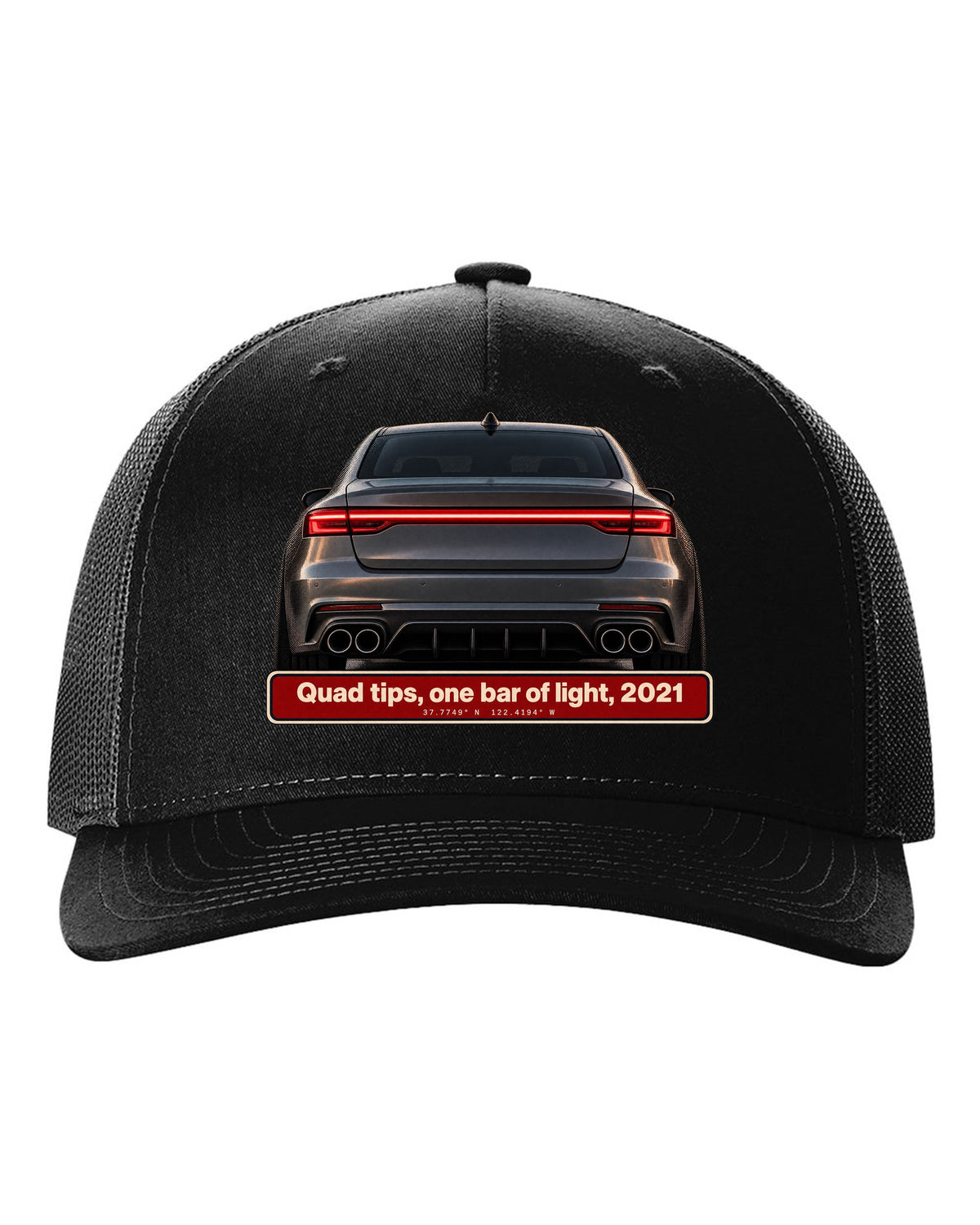 Acura TLX Type S taillight and quad exhaust tips macro print black hat front view with the design