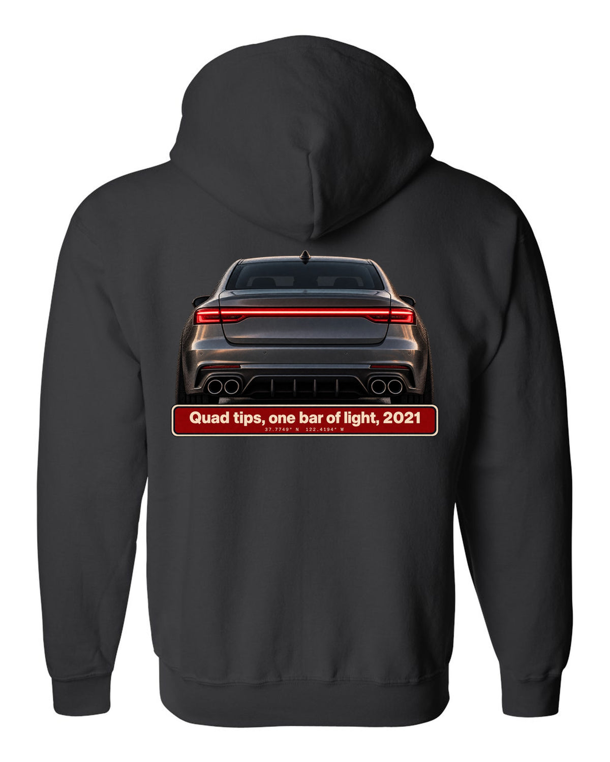 Acura TLX Type S taillight and quad exhaust tips macro print black zip hoodie back view with the design