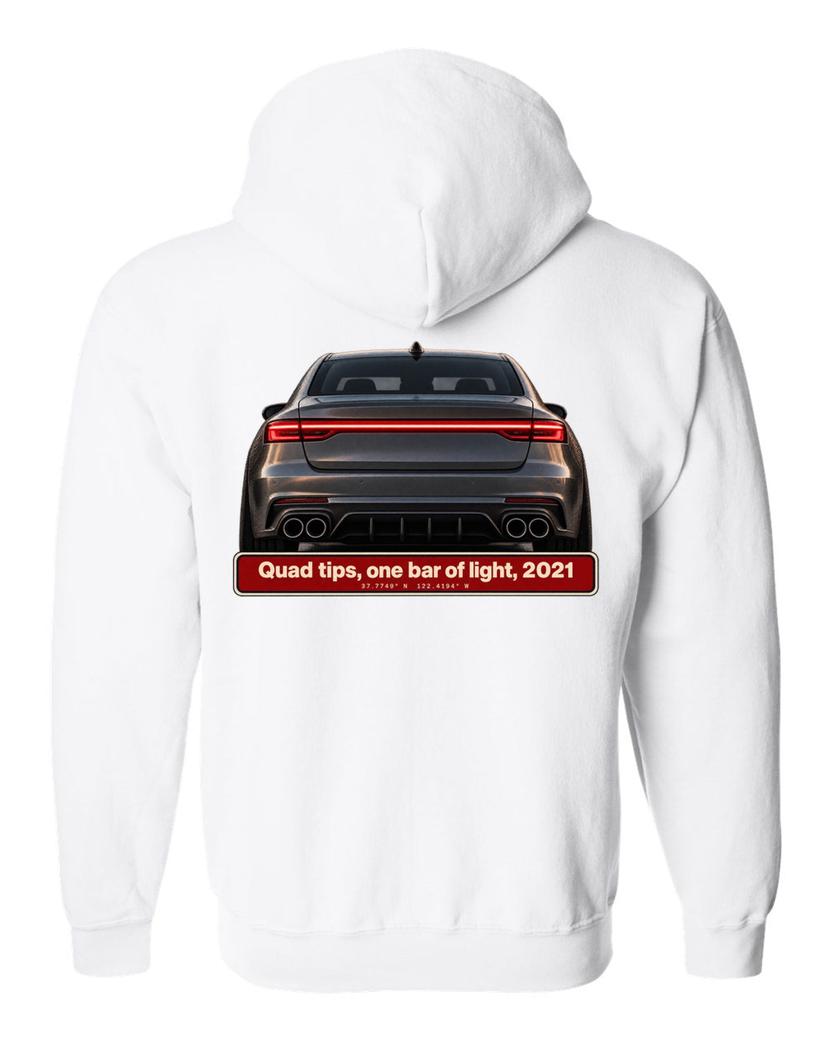 Acura TLX Type S taillight and quad exhaust tips macro print white zip hoodie back view with the design
