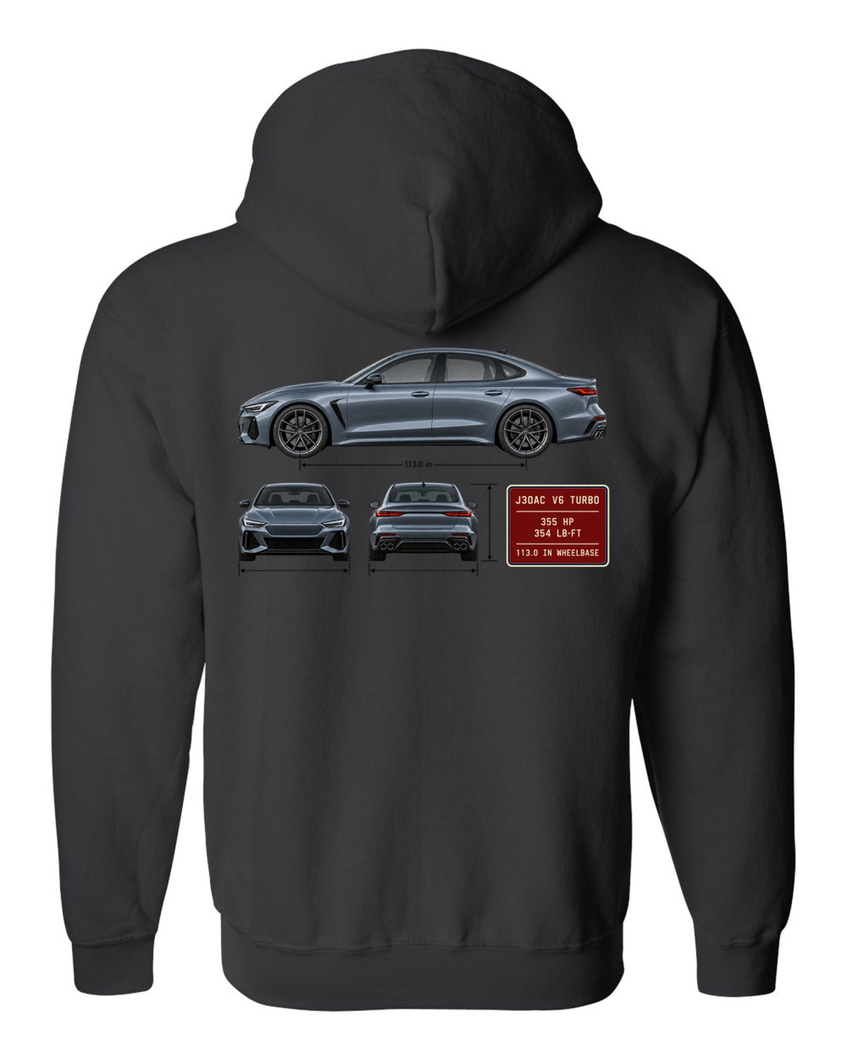 Acura TLX Type S three-view spec table print black zip hoodie back view with the design