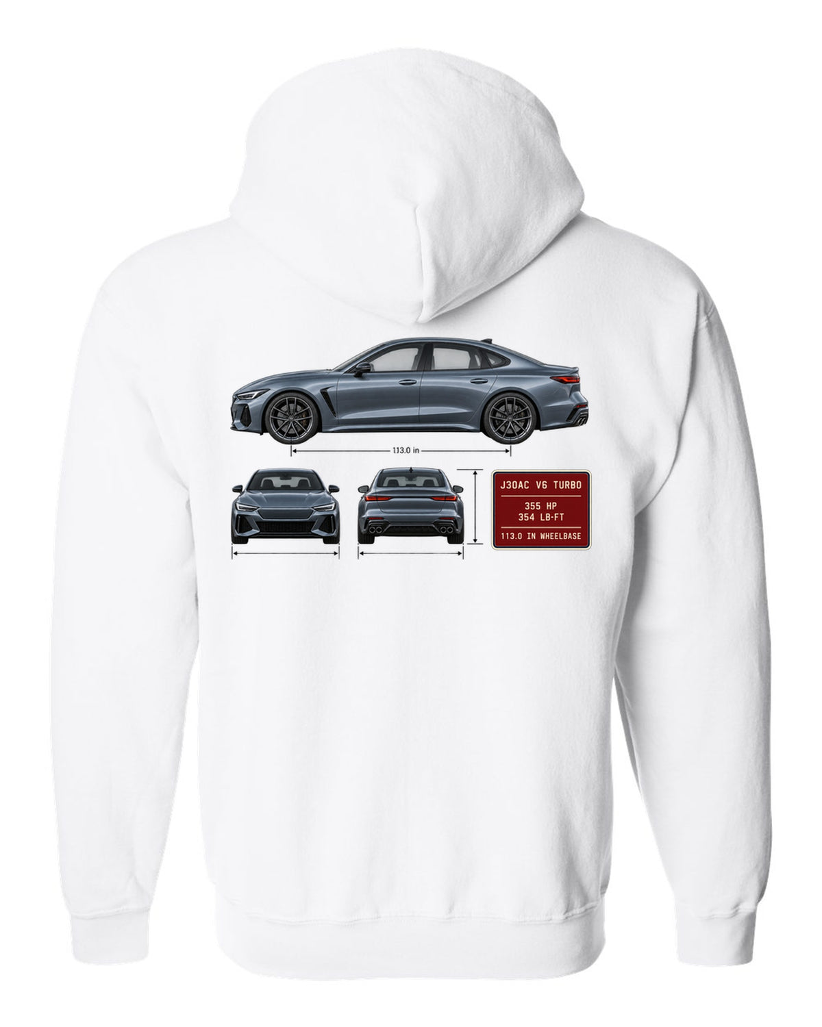 Acura TLX Type S three-view spec table print white zip hoodie back view with the design