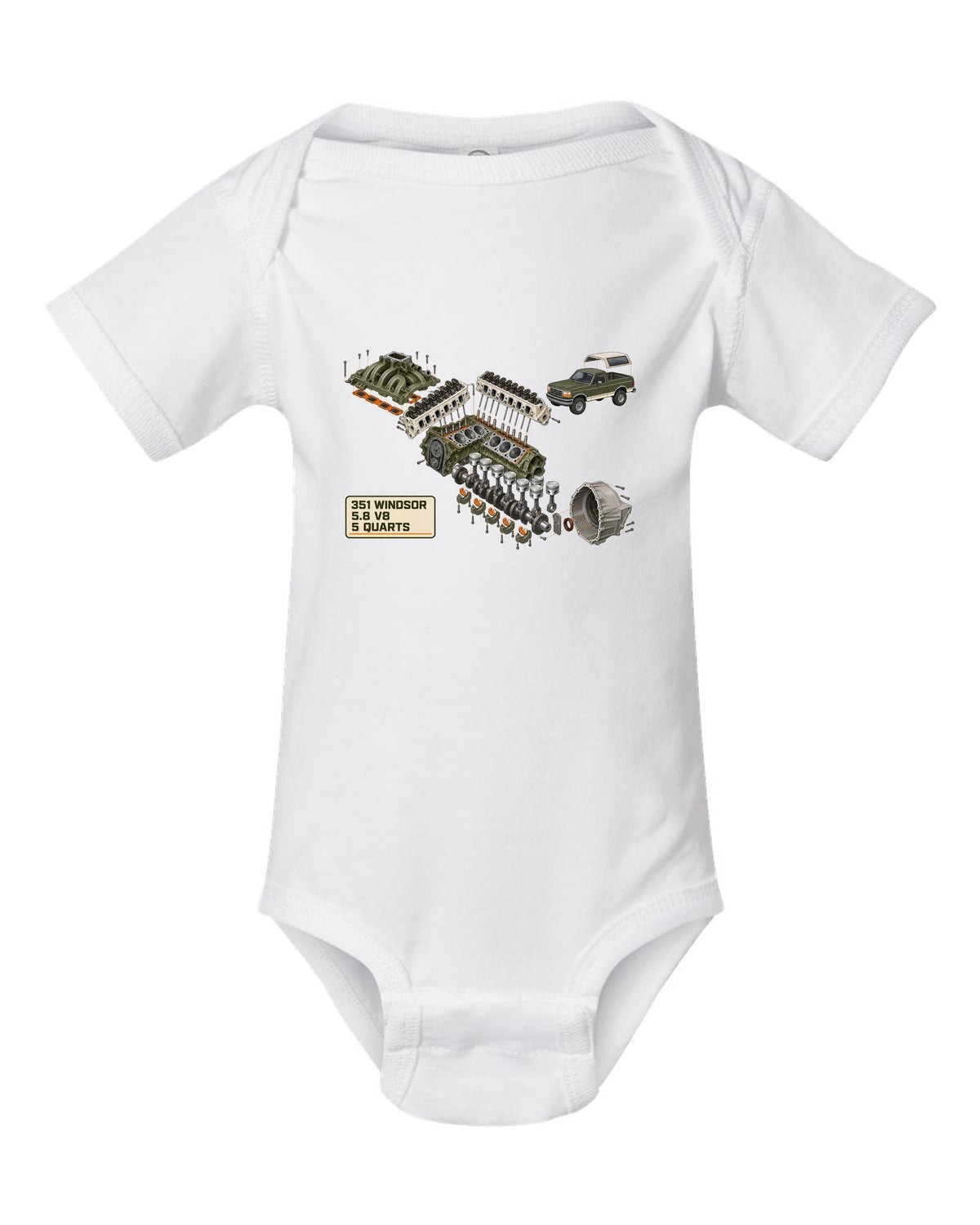 Exploded cutaway diagram of a 1992-96 Ford Bronco OBS engine bay with 351 WINDSOR 5.8 V8 notes white baby onesie front view with the design