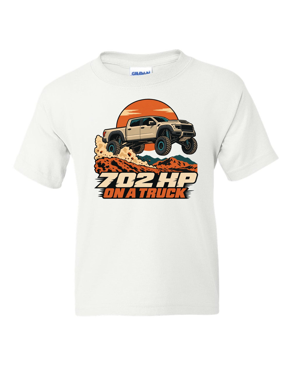 Vector poster print of a Ram 1500 TRX jumping a dune with the text 702 HP white kids tee front view with the design