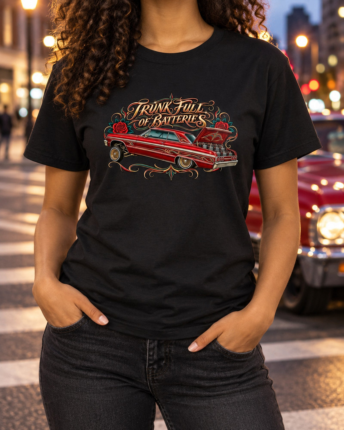 1964 Chevrolet Impala SS Lowrider Airbrush print Tee T-Shirt Black worn hero