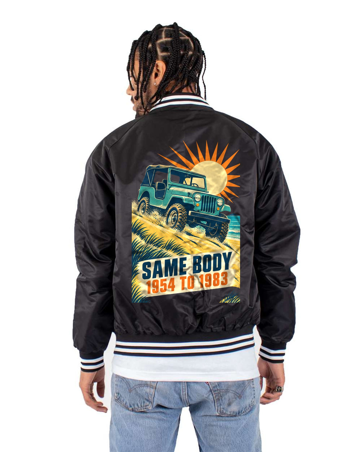Jeep CJ-5 Dune Climb Vintage Race Poster Tee, 1954 to 1983 Bomber Jacket Black back