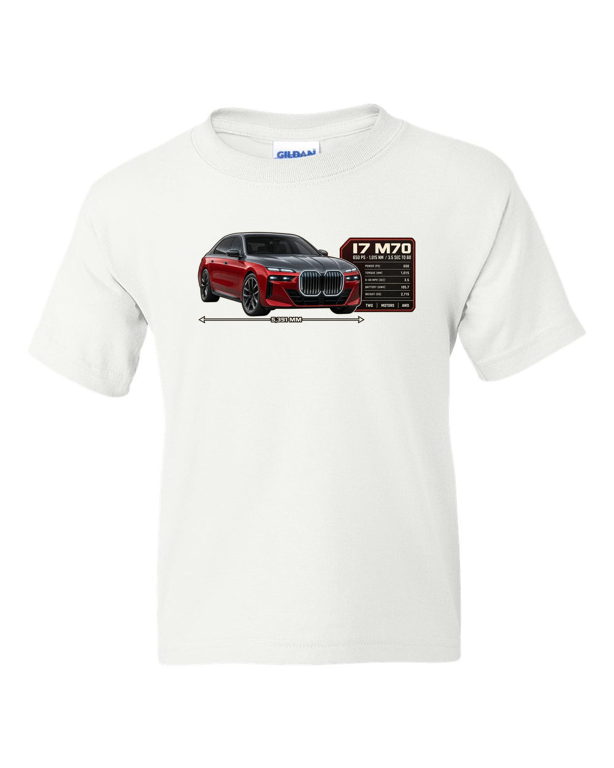 Spec poster print of the BMW i7 M70 xDrive with 650 PS and 1,015 Nm white kids tee front view with the design