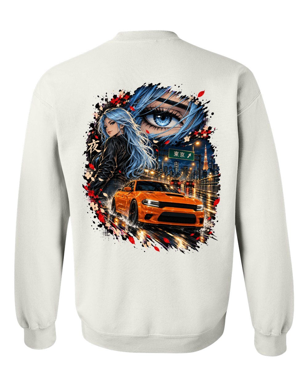Dodge Charger Hellcat Anime Girl Crewneck White back
