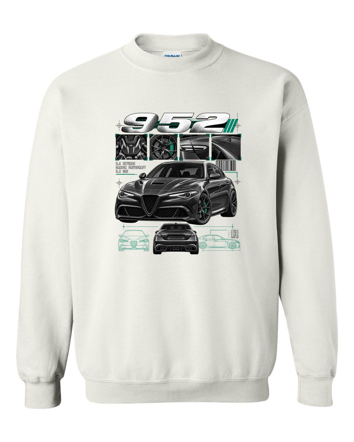 Dossier panel print of an Alfa Romeo Giulia Quadrifoglio 952 with 2.9 biturbo and carbon driveshaft text white crewneck front view with the design
