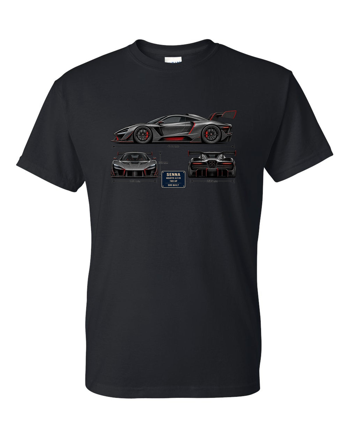 Three-view and spec table print of a McLaren Senna in graphite and red black t-shirt front view with the design