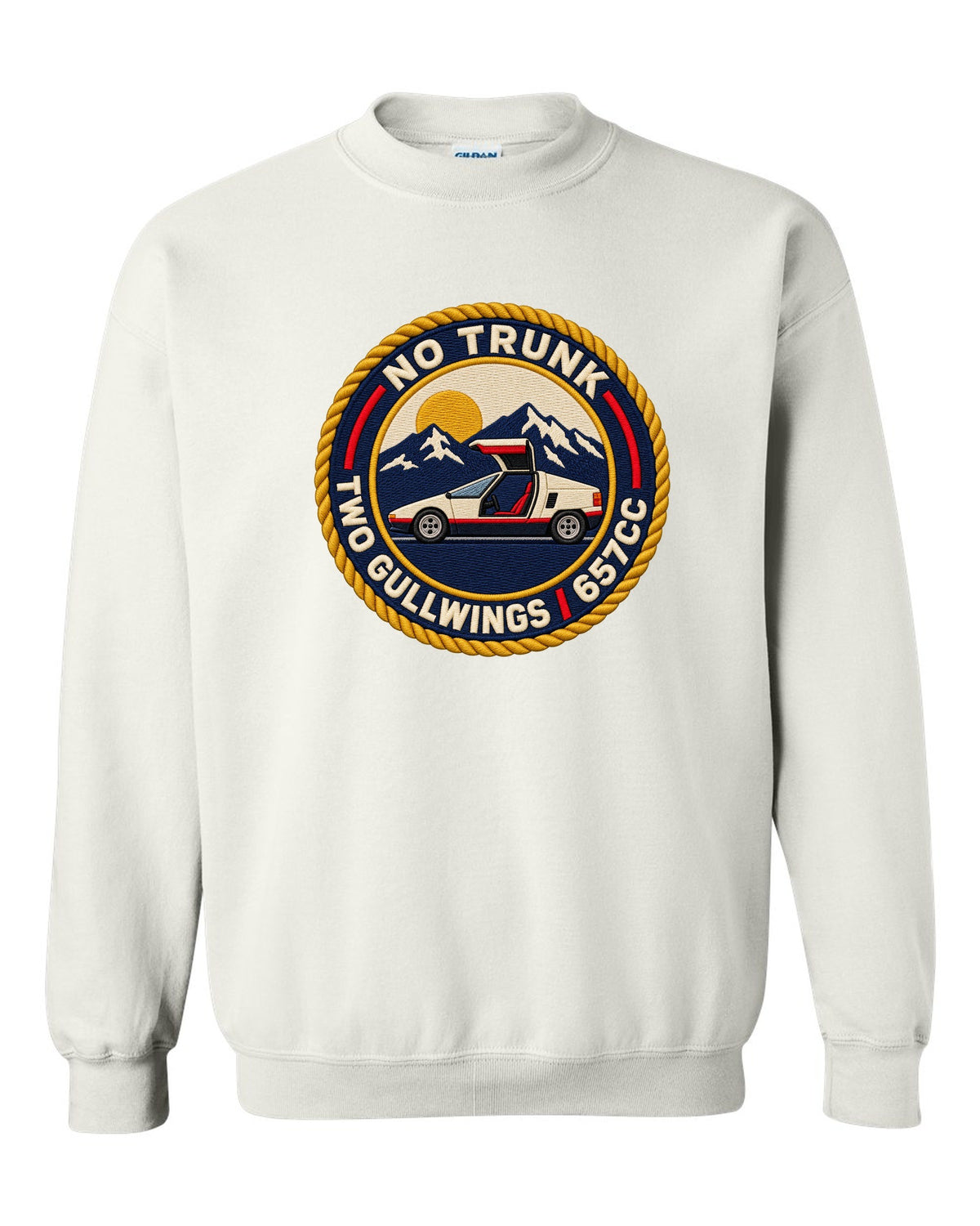 Embroidery-style varsity crest print for the Autozam AZ-1 PG6SA with no trunk two gullwings 657cc lettering white crewneck front view with the design