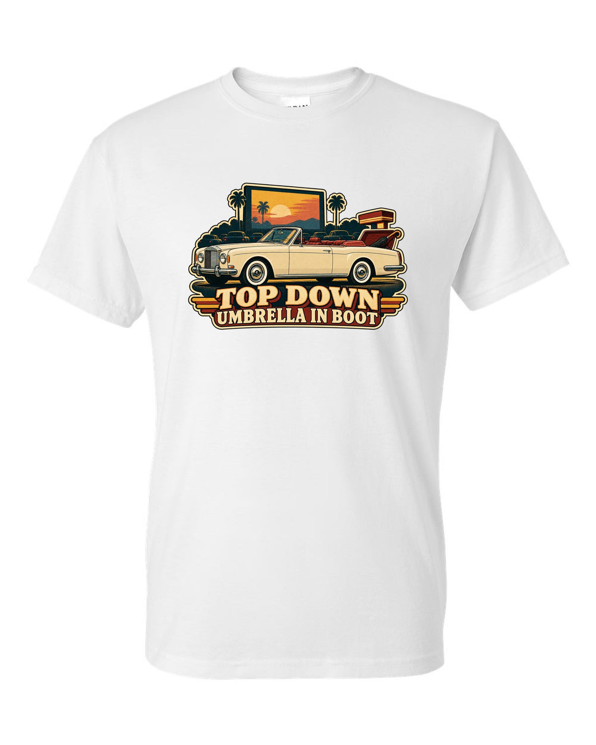 Retro Japanese showa catalogue style illustration of a 1971 Rolls-Royce Corniche convertible with TOP DOWN lettering white t-shirt front view with the design