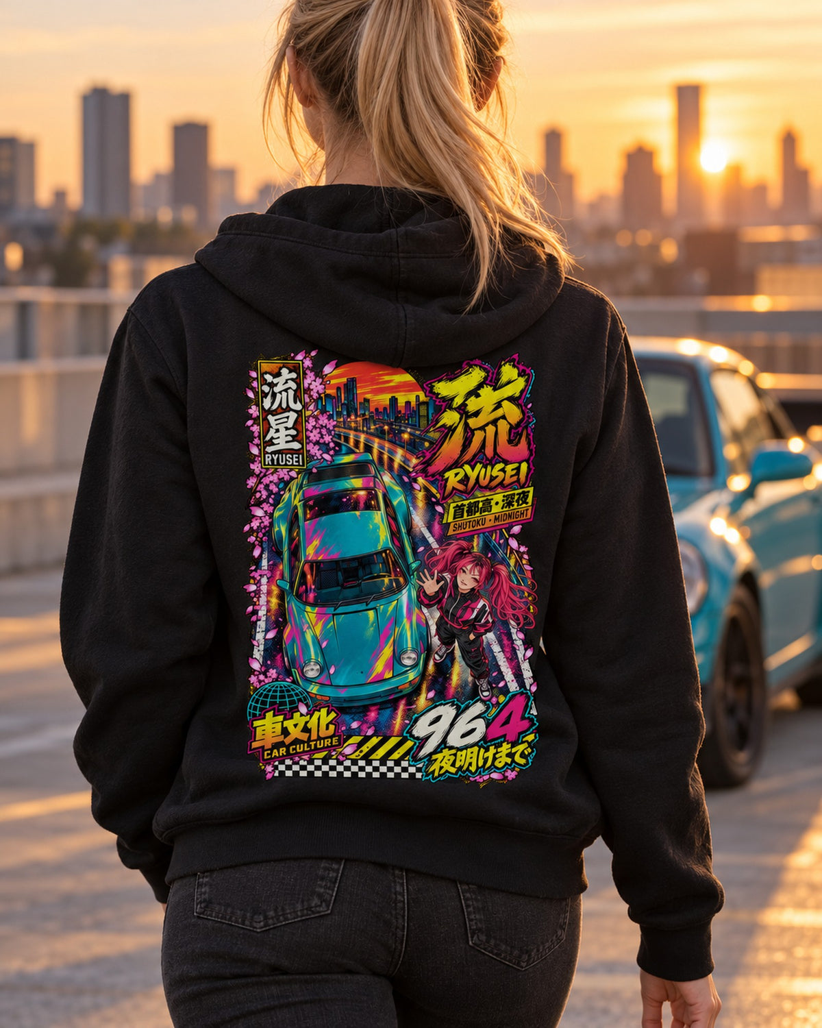 RYUSEI 964 Anime Girl Full-Back Graphic Tee Zip Hoodie Black worn hero