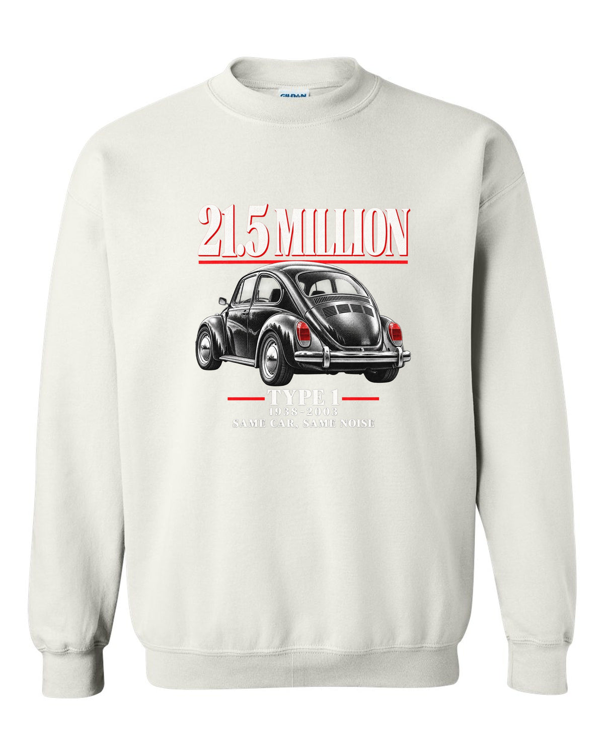 Editorial print of a VW Beetle Type 1 1303 Super Beetle three-quarter rear white crewneck front view with the design