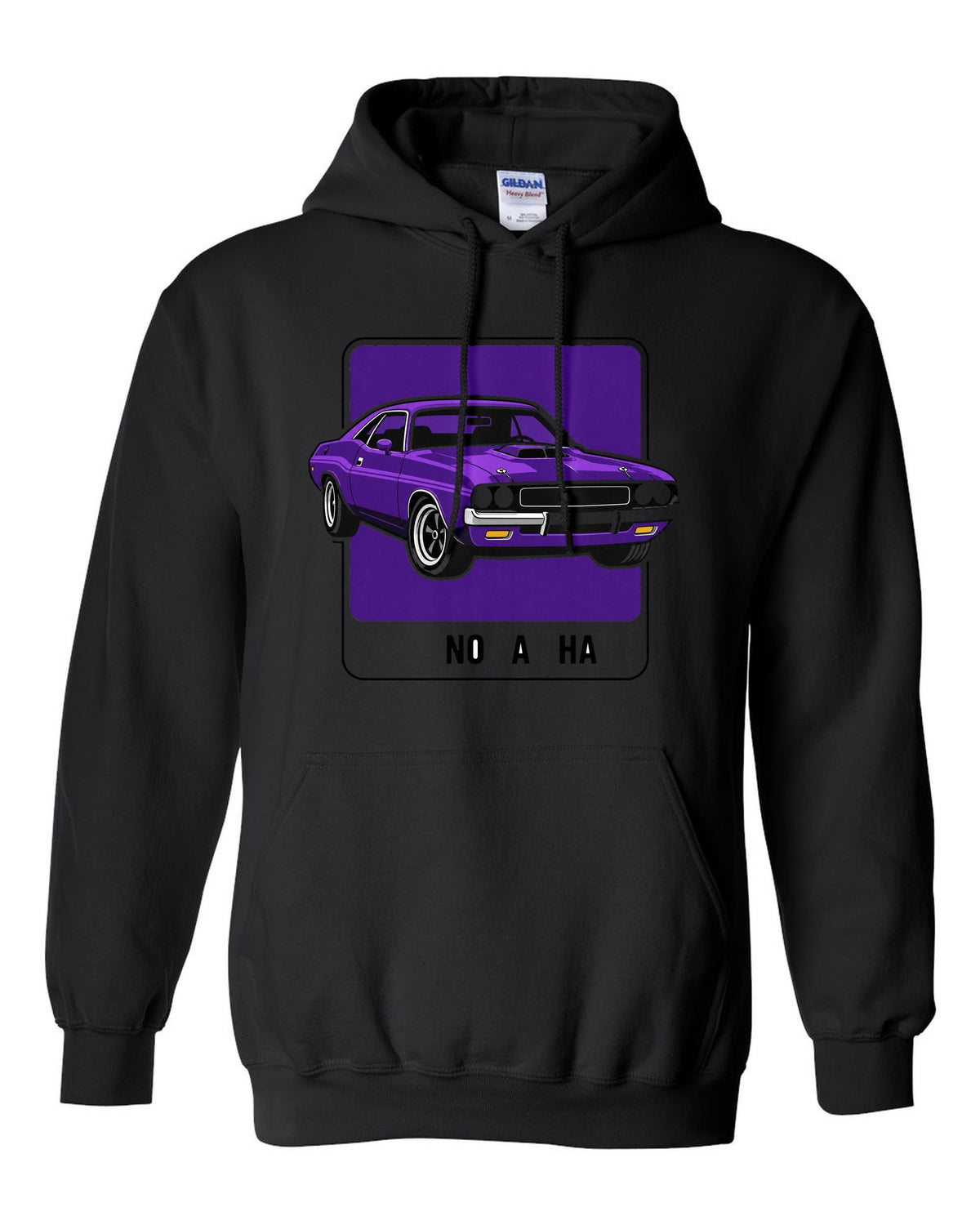 Minimal colour swatch card in Plum Crazy for a 1970 Dodge Challenger R/T with code FC7 black pull over hoodie front view with the design