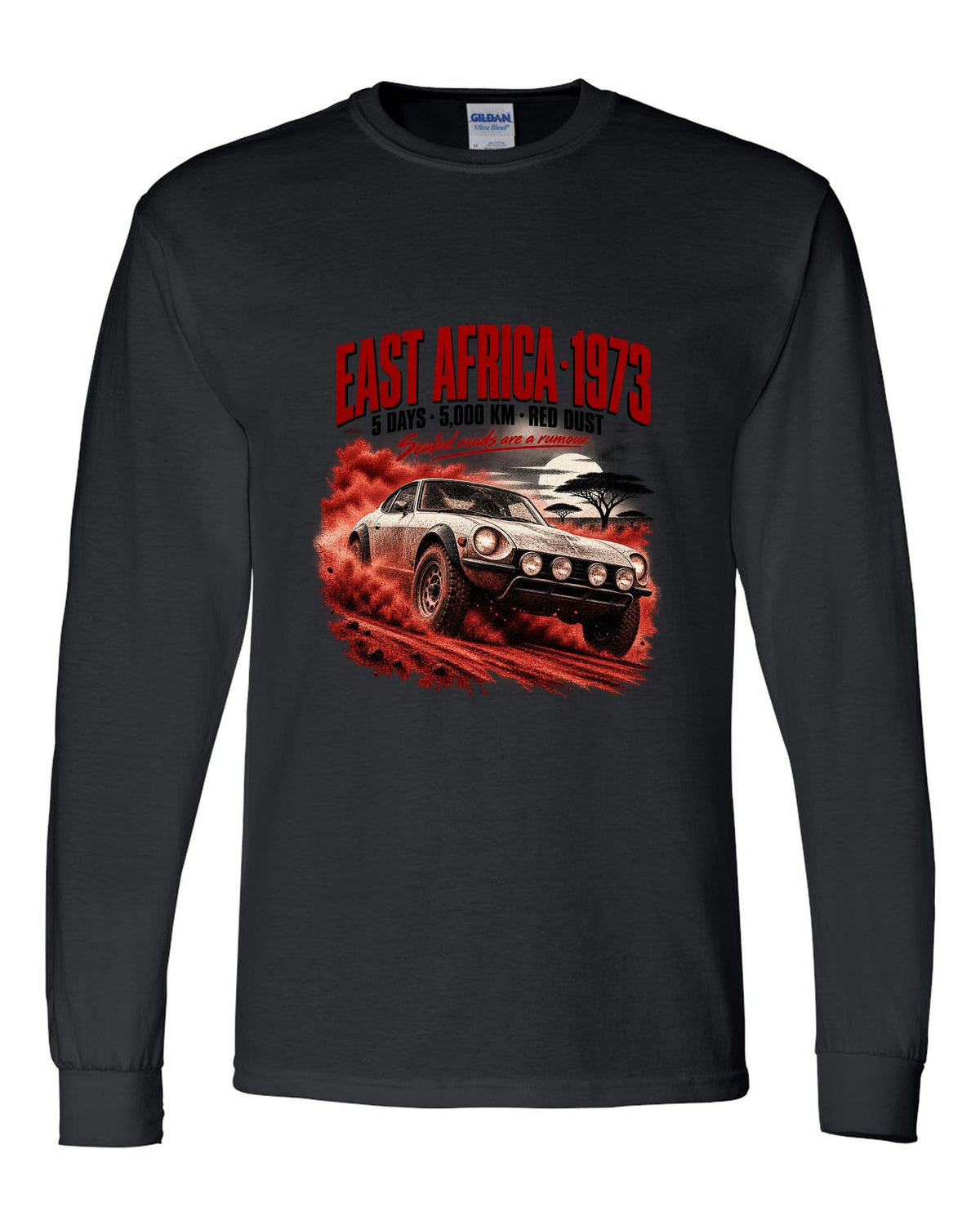 Rally poster print of a 1973 Datsun 240Z S30 rally car for East Africa black long sleeve front view with the design