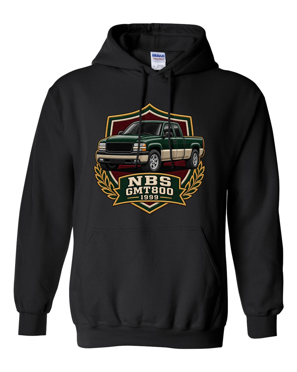 Varsity shield crest print for a 1999-2006 Chevrolet Silverado NBS GMT800 with NBS GMT800 1999 text black pull over hoodie front view with the design