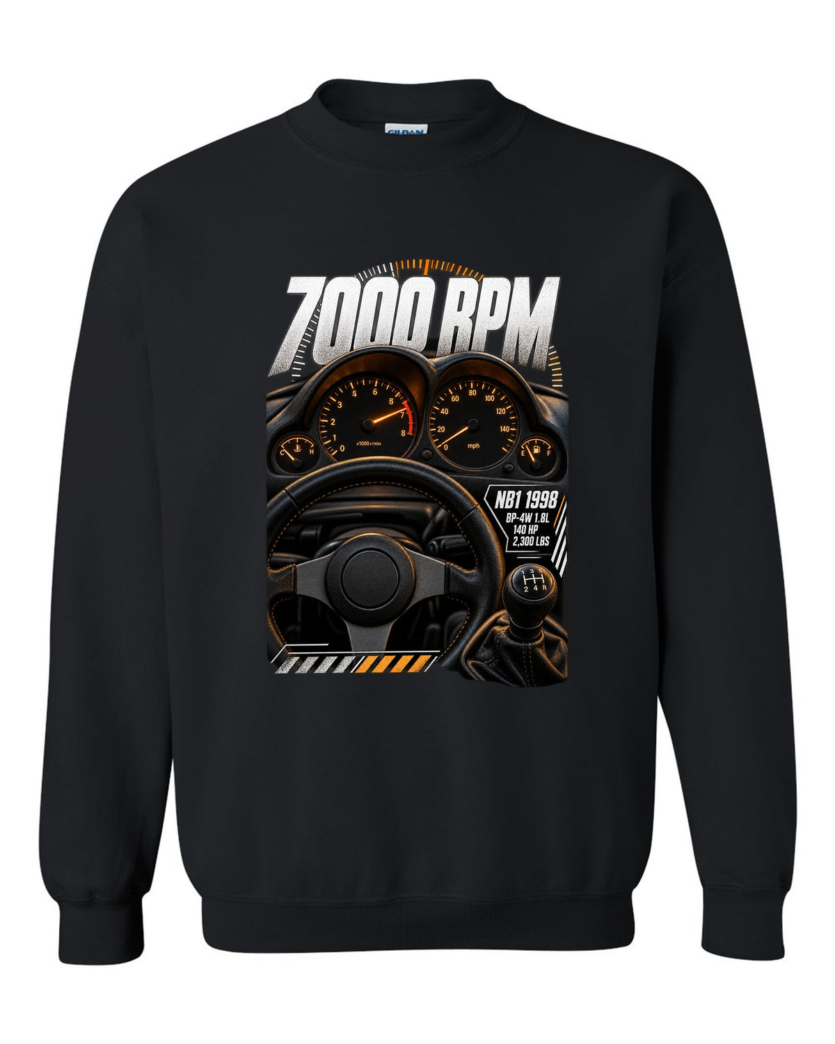 Cockpit gauge print for the 1998 Mazda MX-5 NB1 with 7000 rpm, BP-4W 1.8L and 140 HP black crewneck front view with the design