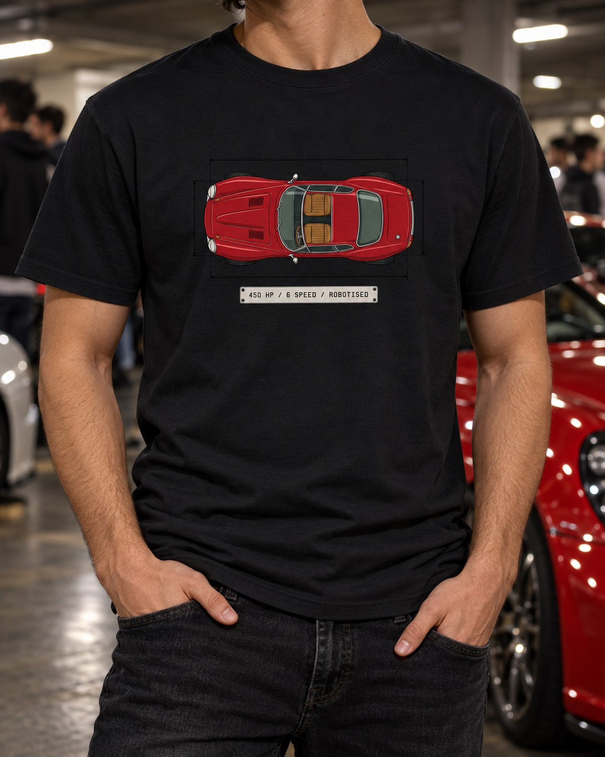 Alfa Romeo 8C Competizione Spec Sheet Tee, Robotised Gearbox T-Shirt Black worn hero