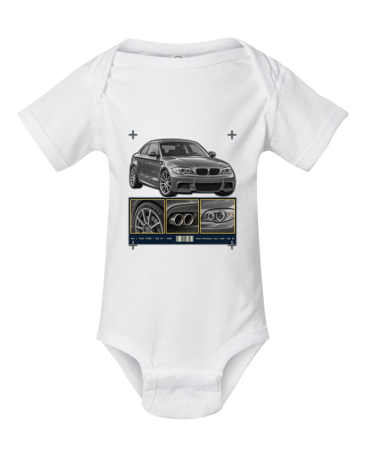 BMW 135i E82 coupe dossier panel print with N54 specs white baby onesie front view with the design