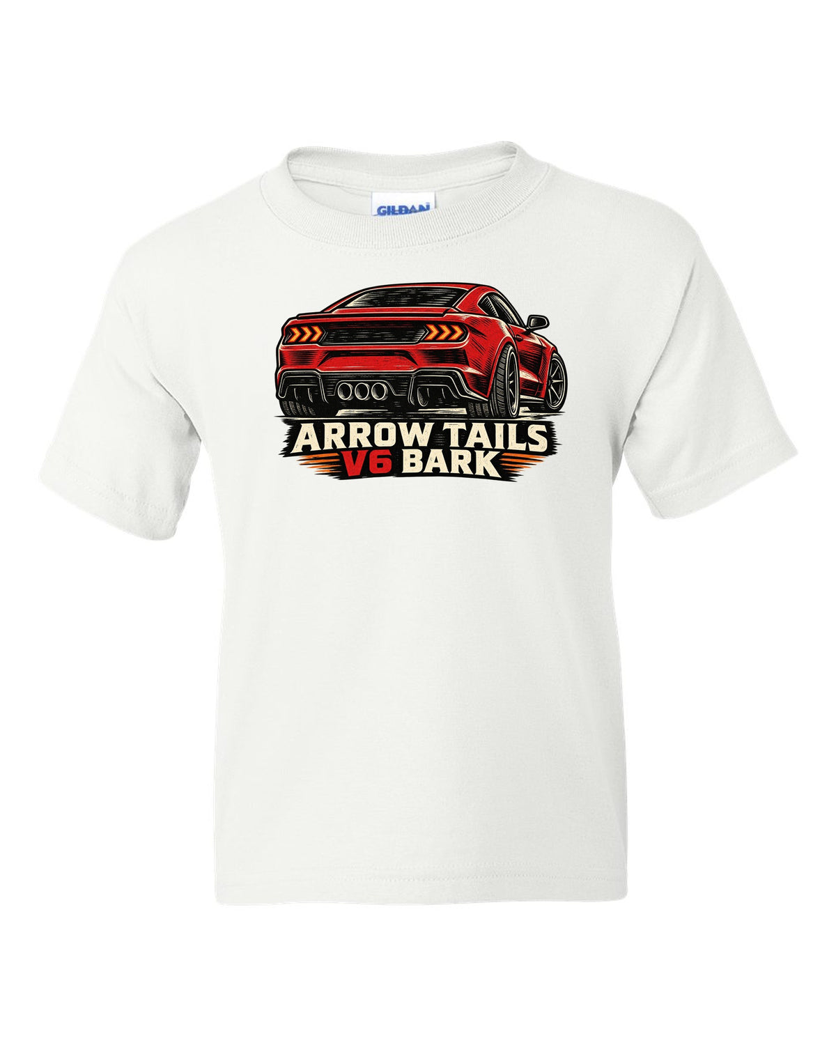 Linocut woodcut print of a Hyundai Genesis Coupe BK2 rear with arrow tails V6 bark text white kids tee front view with the design