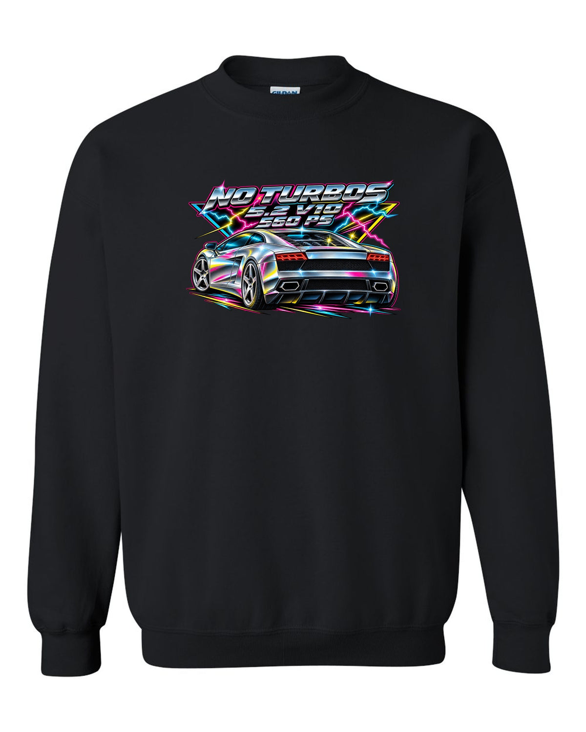80s airbrush chrome Lamborghini Gallardo LP560-4 with the text NO TURBOS / 5.2 V10 / 560 PS black crewneck front view with the design