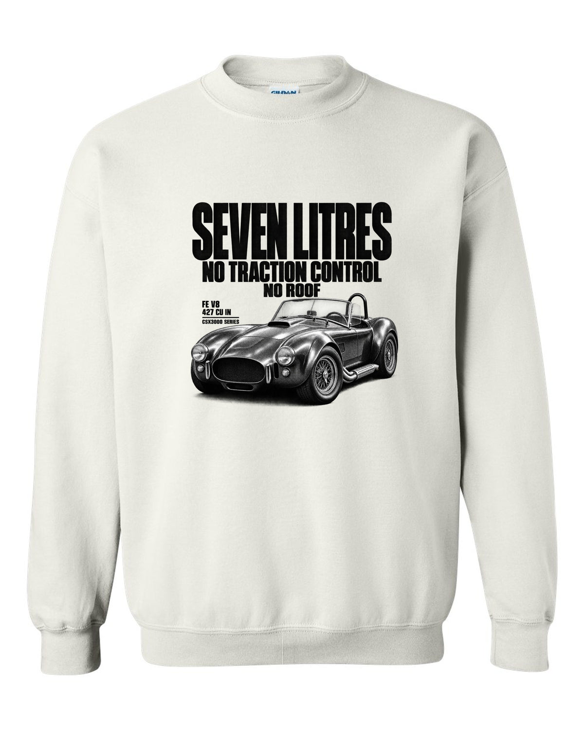 Shelby Cobra 427 Side-Oiler Halftone white crewneck front view with the design