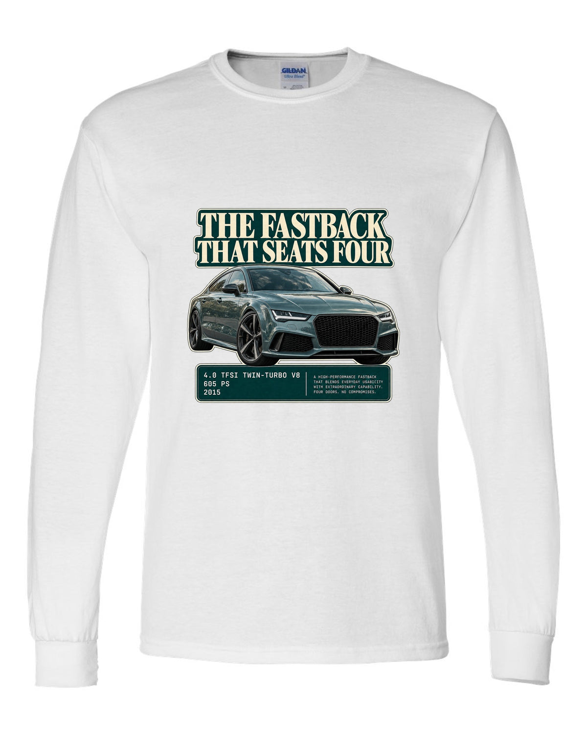 Audi RS7 Sportback C7 editorial headline print on a tee white long sleeve front view with the design